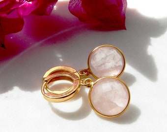 Golden Rose Quartz Hoops, Gold Plated Sterling Earrings Pink Gemstone Charm, Huggies with Quartz, Summer Earrings, Gold Plated Huggies