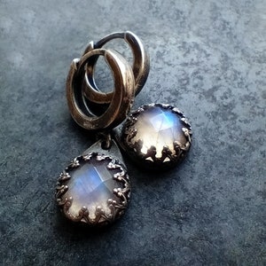 Dainty Moonstone Hoops in Rustic Silver, Blue Fire Moonstone Earrings, 925 Silver Hoops with Genuine Gemstones, Jewelry Women, Gift for Wife image 2