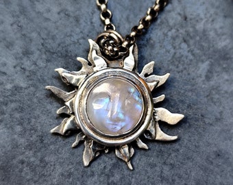 Sun Pendant with Moonstone Face, Amulet Necklace Silver, Artisan Gemstone and Fine SilverJewellery, Rustic Necklace Ag925, Feminine Amulet
