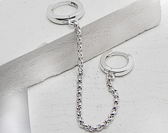 Double Hoops Earrings with Chain, Sterling Hoops and Chain, Silver Huggies, Modern Sterling Jewellery, Sturdy Hoops Silver 925, Gift for Him