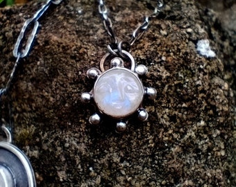 Small Pendant with Moonstone Face, Moon Amulet Necklace Silver, Artisan Fine Silver Jewellery, Carved Moonstone Necklace, Wife Gift Idea