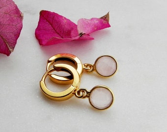 Tiny Golden Rose Quartz Hoops, Gold Plated Sterling Earrings Pink Gemstone Charm, Huggies with Quartz, Summer Earrings, Gold Plated Huggies