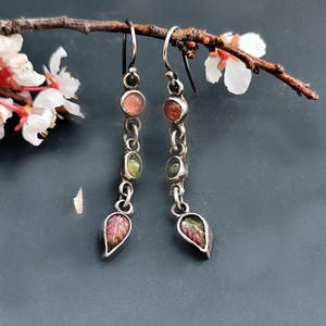 Unique Dangle Tourmaline Earring in Oxidized Silver, Raw Pink and Green Tourmaline Hook Earrings, Raw Silver Artisan Jewelry Ag 925 & 999