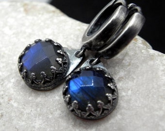 Dainty Labradorite Hoops in Rustic Silver, Blue Fire Gemstone Earrings, 925 Silver Hoops with Blue Labradorite, Jewelry Women, Gift for Wife