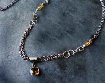 Citrine Multi-Chain Necklace in Oxidized Silver, Rustic Silver Jewellery Yellow Topaz