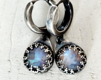 Dainty Moonstone Hoops in Rustic Silver, Blue Fire Moonstone Earrings, 925 Silver Hoops with Genuine Gemstones, Jewelry Women, Gift for Wife