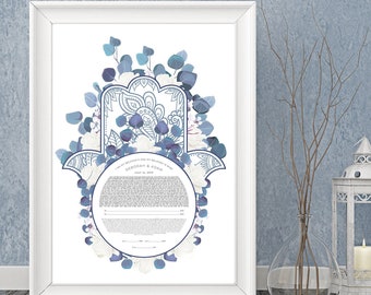 Blue Leaves Hamsa Ketubah