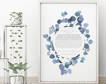 Blue Eucalyptus Branches with Roses Ketubah