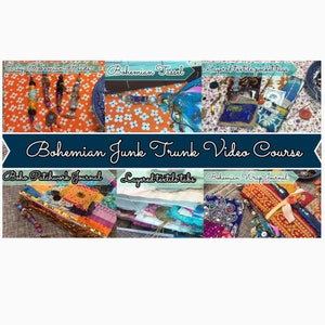 May include: A collage of images showcasing different techniques for creating bohemian junk journals. The images include a patchwork journal, layered textile tabs, a wrap journal, beaded tassels, and textile pocket tags. The text "Bohemian Junk Trunk Video Course" is displayed at the top of the collage.