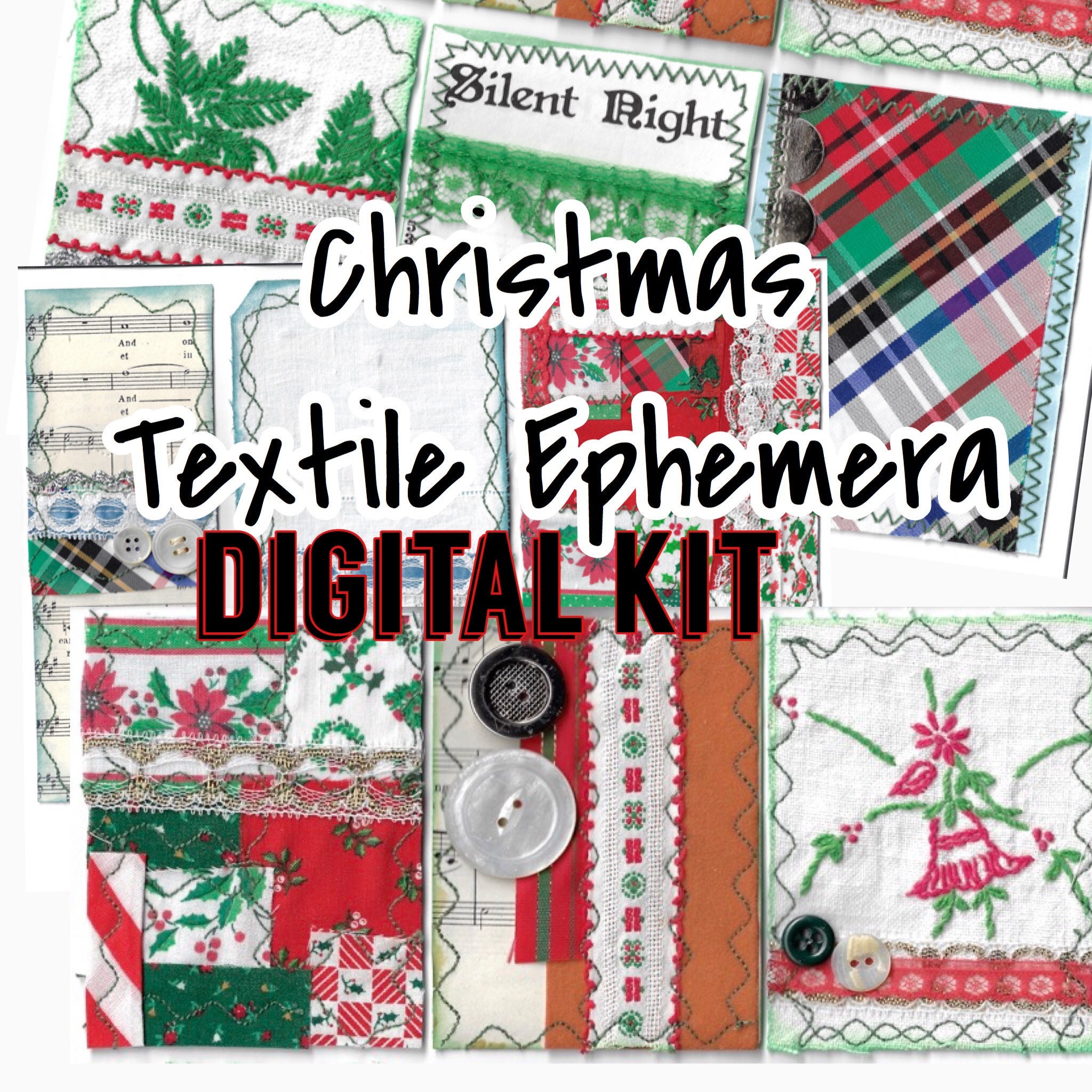 Christmas Textile Digital Kit / Digital paper & ephemera /  2 page in…
