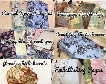 Video course : (spring JT) curved spine / binding / decoupage/ floral embellishments & 3 Full color pages Vintage Linen printables