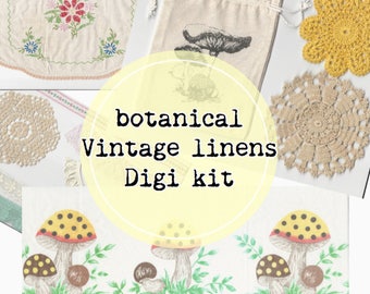 Digital Botanical Linens // Vintage Mushroom / Floral / Digital paper & ephemera /  4 page instant download