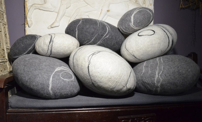 Felted wool stones , oval wool stone , Pebble pillows , pillows , felted wool stone pillows , natural home stone decoration , Big stone image 4