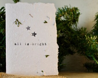 All is Bright Silent Night Christmas Card, Handmade Paper, Rustic Christmas Card, Cedar Paper Handmade Christmas Craft, All is bright, Star