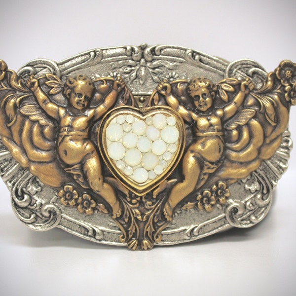 Womens Belt Buckle - Rock'N Angel Design - Gold on Silver Tone - Gold Heart with White Opal Swarovski Crystals