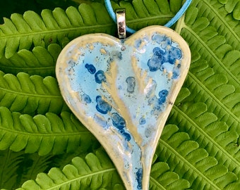 Blue Wings Ceramic Pendant Necklace / Blue Heart ceramic  Pendant  Necklace / Clay Blue Pendant / Gift for Her