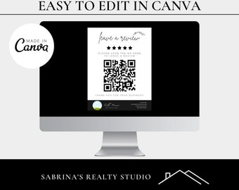 Plantilla de cartel con código QR para reseñas de agentes inmobiliarios, editable en Canva (descarga digital)