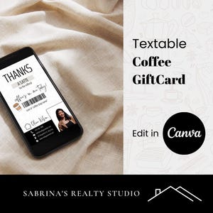 May include: A digital gift card for a free coffee. The card is designed with a coffee cup and the text "THANKS A LATTE to the office" and "coffee's on me today!" The card is editable in Canva.