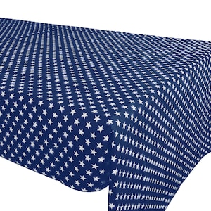 May include: A navy blue tablecloth with a white star pattern. The tablecloth is made of a soft, durable material and is perfect for any occasion.