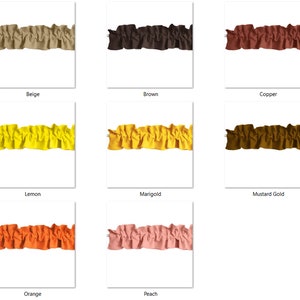 May include: A collection of ten fabric samples in various colors, including beige, brown, copper, lemon, marigold, mustard gold, orange, peach, and two shades of pink. The fabric is a ruffled trim with a gathered look.