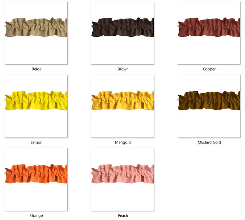 May include: A collection of ten fabric samples in various colors, including beige, brown, copper, lemon, marigold, mustard gold, orange, peach, and two shades of pink. The fabric is a ruffled trim with a gathered look.