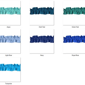 May include: A set of 10 fabric samples in various shades of blue and teal. The samples are arranged in a grid with the color names listed below each sample. The colors include aqua, dark teal, green teal, light blue, navy, royal blue, and turquoise.