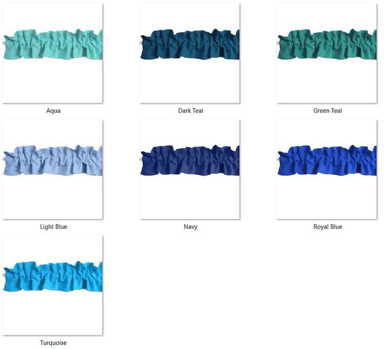 May include: A set of 10 fabric samples in various shades of blue and teal. The samples are arranged in a grid with the color names listed below each sample. The colors include aqua, dark teal, green teal, light blue, navy, royal blue, and turquoise.