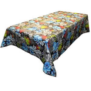 May include: A black tablecloth with a tropical floral print featuring blue, red, green, and white flowers. The tablecloth is made of a durable, water-resistant material.