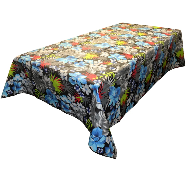 May include: A black tablecloth with a tropical floral print featuring blue, red, green, and white flowers. The tablecloth is made of a durable, water-resistant material.