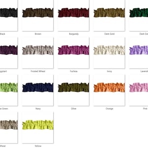 May include: A collection of 24 fabric samples in various colors, including aqua, black, brown, burgundy, dark gold, dark green, dark turquoise, dusty mauve, eggplant, frosted wheat, fuchsia, ivory, lavender, light blue, light gold, lime green, navy, olive, orange, pink, sage, silver, wheat, and yellow. Each sample is a ruffled trim.