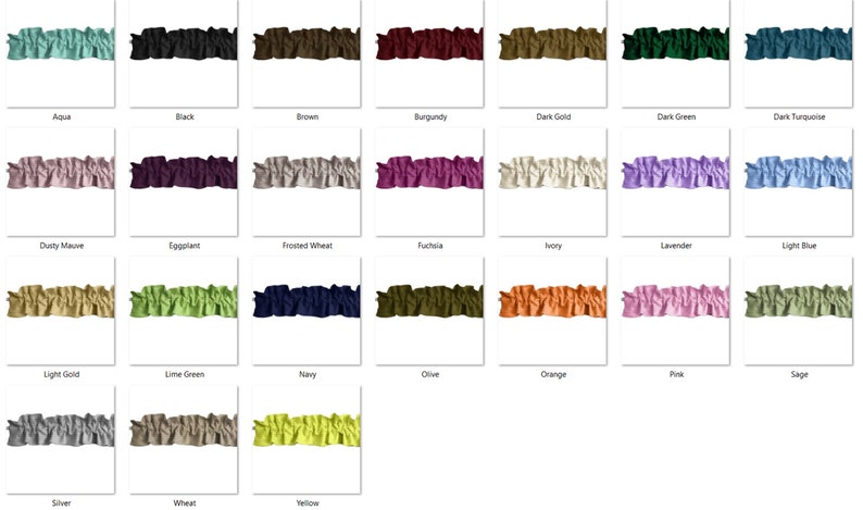 May include: A collection of 24 fabric samples in various colors, including aqua, black, brown, burgundy, dark gold, dark green, dark turquoise, dusty mauve, eggplant, frosted wheat, fuchsia, ivory, lavender, light blue, light gold, lime green, navy, olive, orange, pink, sage, silver, wheat, and yellow. Each sample is a ruffled trim.
