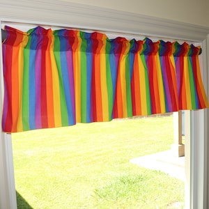 Cortina de algodão com listras arco-íris para janela superior/tratamento de janela/cozinha/quarto/sala de aula/jantar/rv/decoração de janela de casa