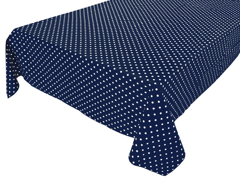 Cotton Table Cloth Polka Dots Spots Small Dots White on Navy