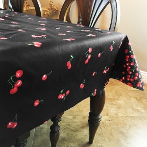 Big Cherry Border on Black Cotton Tablecloth / Home / Wedding / Picnic / Diner / Holiday / School / Convention Booth / Event Table Décor