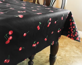 Big Cherry Border on Black Cotton Tablecloth / Home / Wedding / Picnic / Diner / Holiday / School / Convention Booth / Event Table Décor