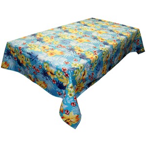 May include: A blue tablecloth with a tropical floral print featuring yellow, red, and green flowers. The tablecloth is made of a durable, easy-to-clean material.