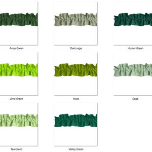 May include: Nine different shades of green fabric trim with a ruffled edge. The colors are: Army Green, Dark Sage, Hunter Green, Lime Green, Moss, Sage, Tea Green, Valley Green.