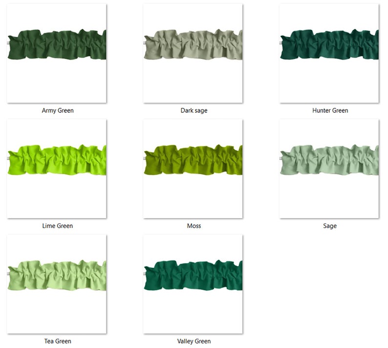 May include: Nine different shades of green fabric trim with a ruffled edge. The colors are: Army Green, Dark Sage, Hunter Green, Lime Green, Moss, Sage, Tea Green, Valley Green.