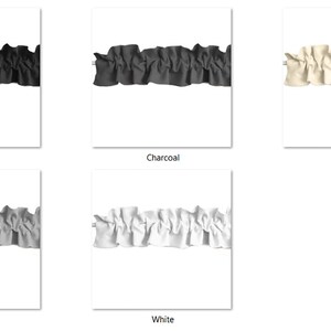 May include: Five different colors of ruffled trim, shown against a white background. The colors are black, charcoal, ivory, silver, and white.