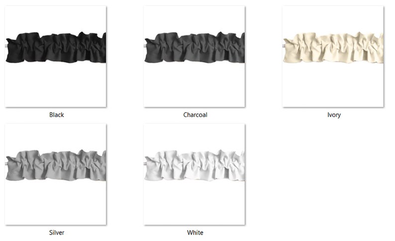 May include: Five different colors of ruffled trim, shown against a white background. The colors are black, charcoal, ivory, silver, and white.