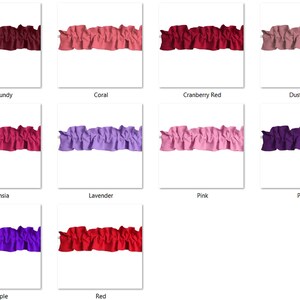 May include: A collection of ten fabric samples in various shades of red, pink, and purple. The fabric is a ruffled trim with a soft, textured look.