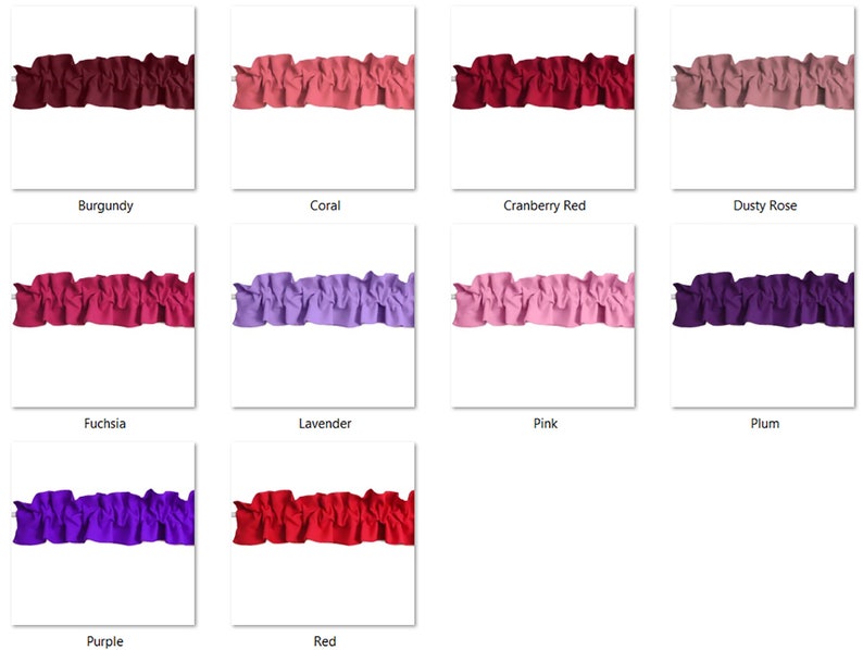 May include: A collection of ten fabric samples in various shades of red, pink, and purple. The fabric is a ruffled trim with a soft, textured look.