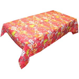 May include: Red tablecloth with a tropical floral print featuring white, yellow, and green flowers and leaves.