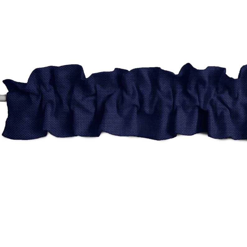May include: A navy blue ruffled valance, perfect for adding a touch of elegance to any window.