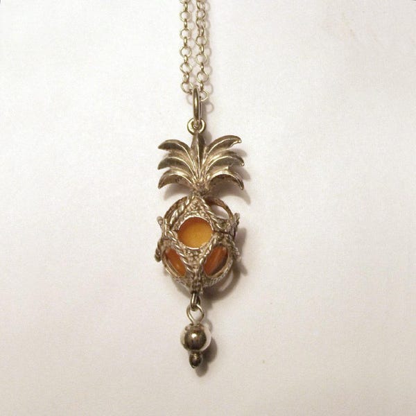 Sterling Silver Pineapple Pendant Vintage Tropical Fruit 925 Chain Textured Rope Frame Hollow