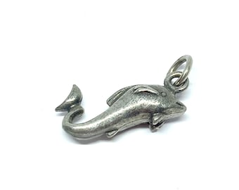 Dolphin Charm Silver Fish Pendant for Necklace Pewter 1970s 80s For Bracelet