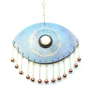 Lucky Eye Wall Hanging Evil Eye Blue Gold Copper Beaded Mother of Pearl Evil Eye Witchy Decor