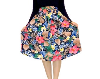 Vintage Skirt Floral Midi Skirt with Pocket 1960s Skit Cotton Elasticated Waist Tropical Bright Colourful
