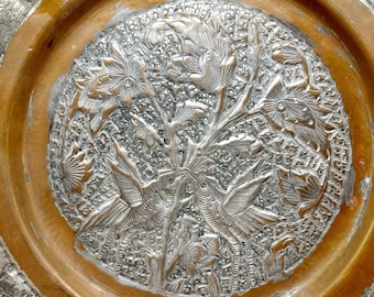 Antique Copper Plate Etched Bird Design Silver Tray Islamic Middle Eastern