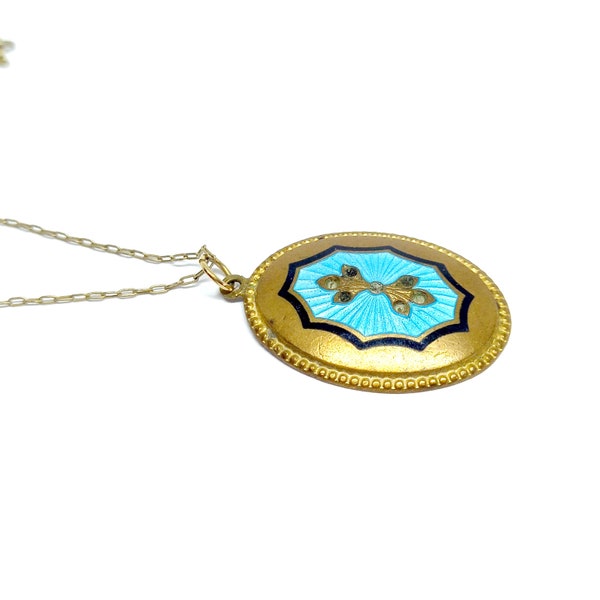 Viktorianische Anhänger Antike Halskette Guilloche Emaille Türkis Gold Messing Oval Schwarz Strass